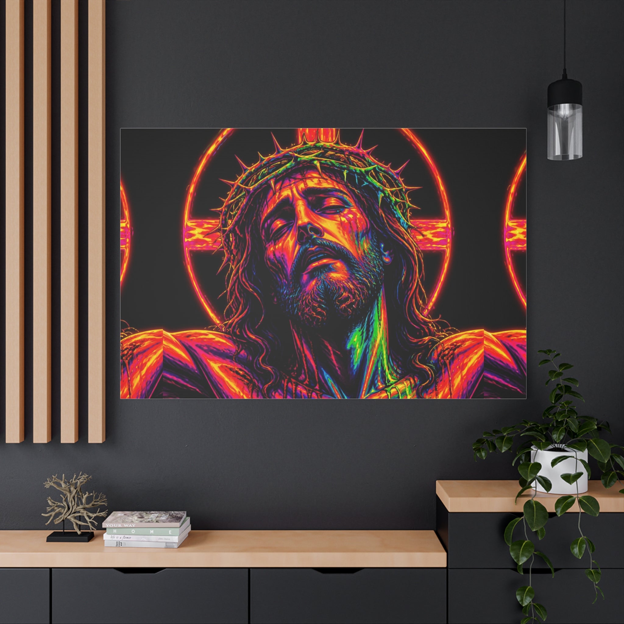 Neon Christ Crucifix Canvas Print — Vibrant Religious Wall Art