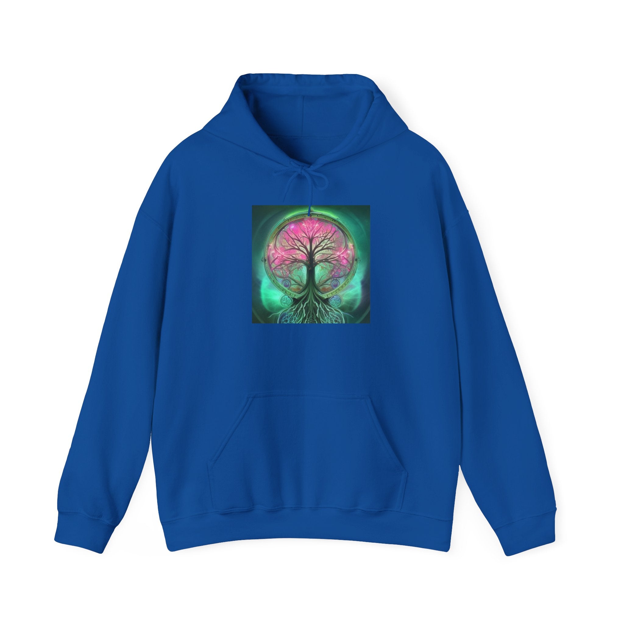 Tree of Life Hoodie — Vibrant Pink & Teal Spiritual Graphic Hooded Sweatshirt