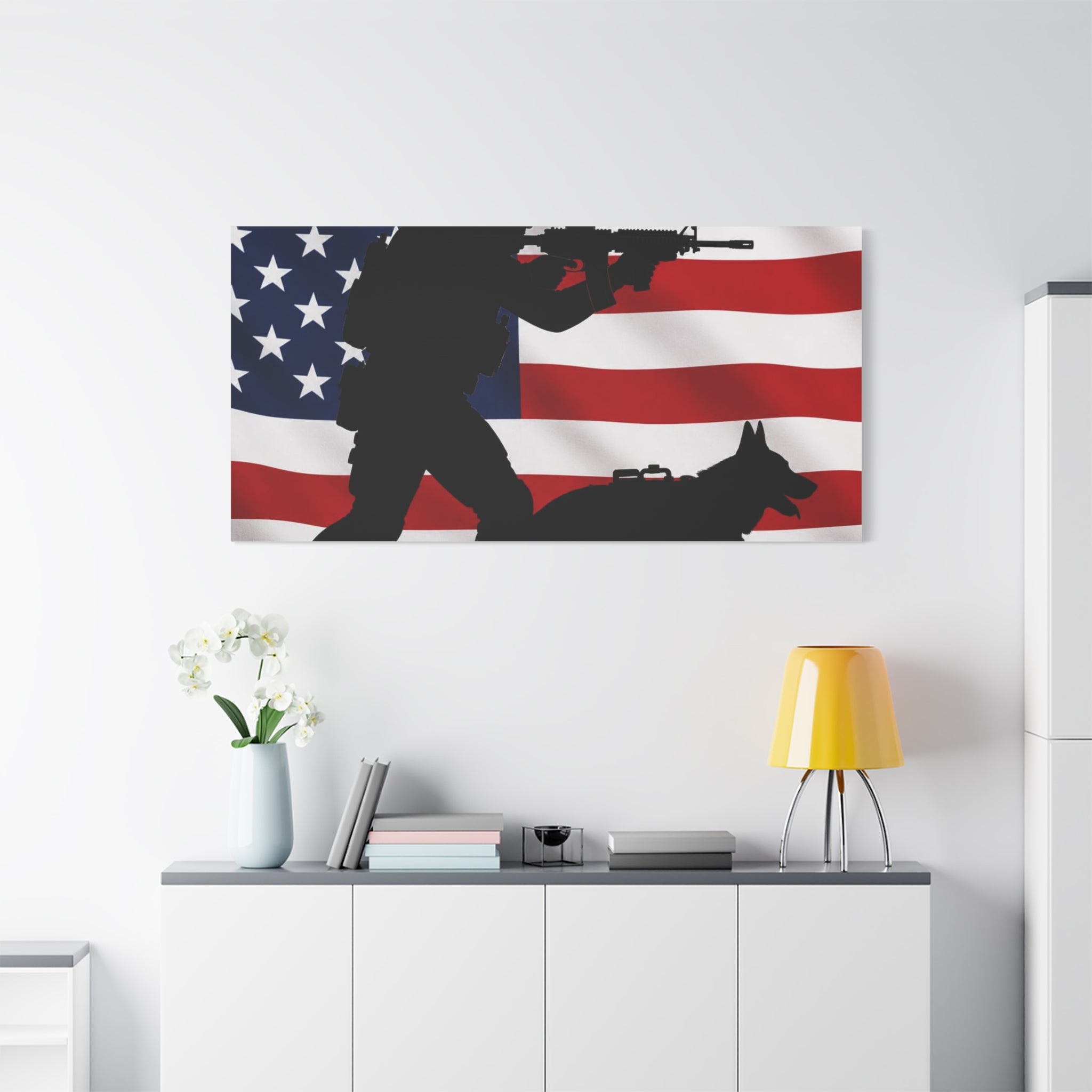 Patriotic Military K9 Canvas Wall Art — Soldier and Dog Silhouette with American Flag