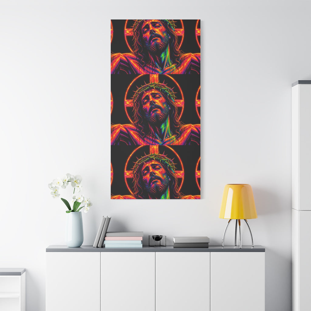 Neon Christ Crucifix Canvas Print — Vibrant Religious Wall Art