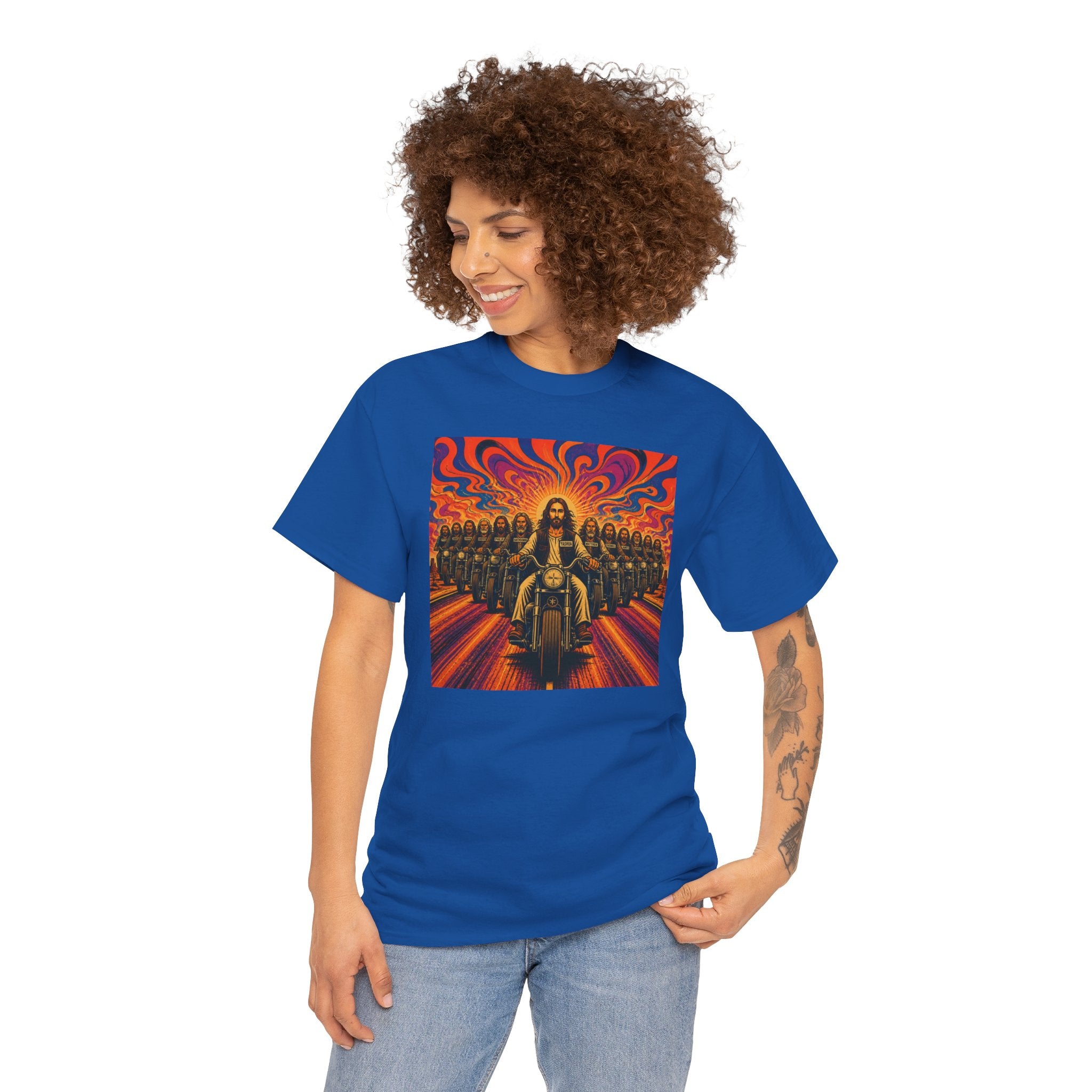 Psychedelic Yashua/Jesus Biker Crew T-Shirt — Retro Jesus Motorcycle Rider Graphic Tee