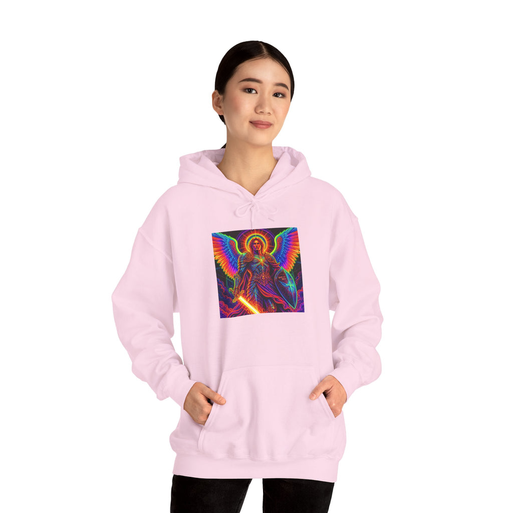 Psychedelic Angel Hoodie — Neon Rainbow Guardian Graphic Sweatshirt