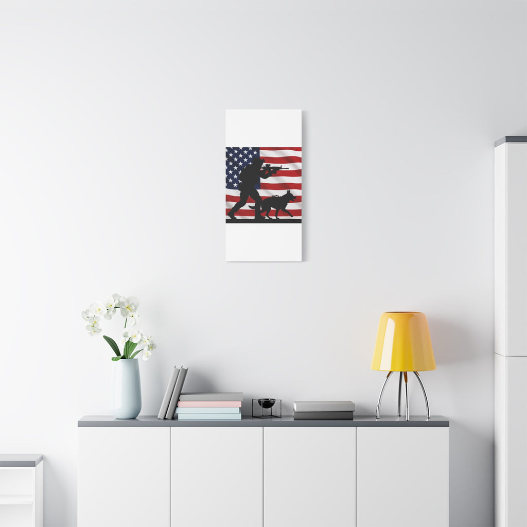 Patriotic Military K9 Canvas Wall Art — Soldier and Dog Silhouette with American Flag