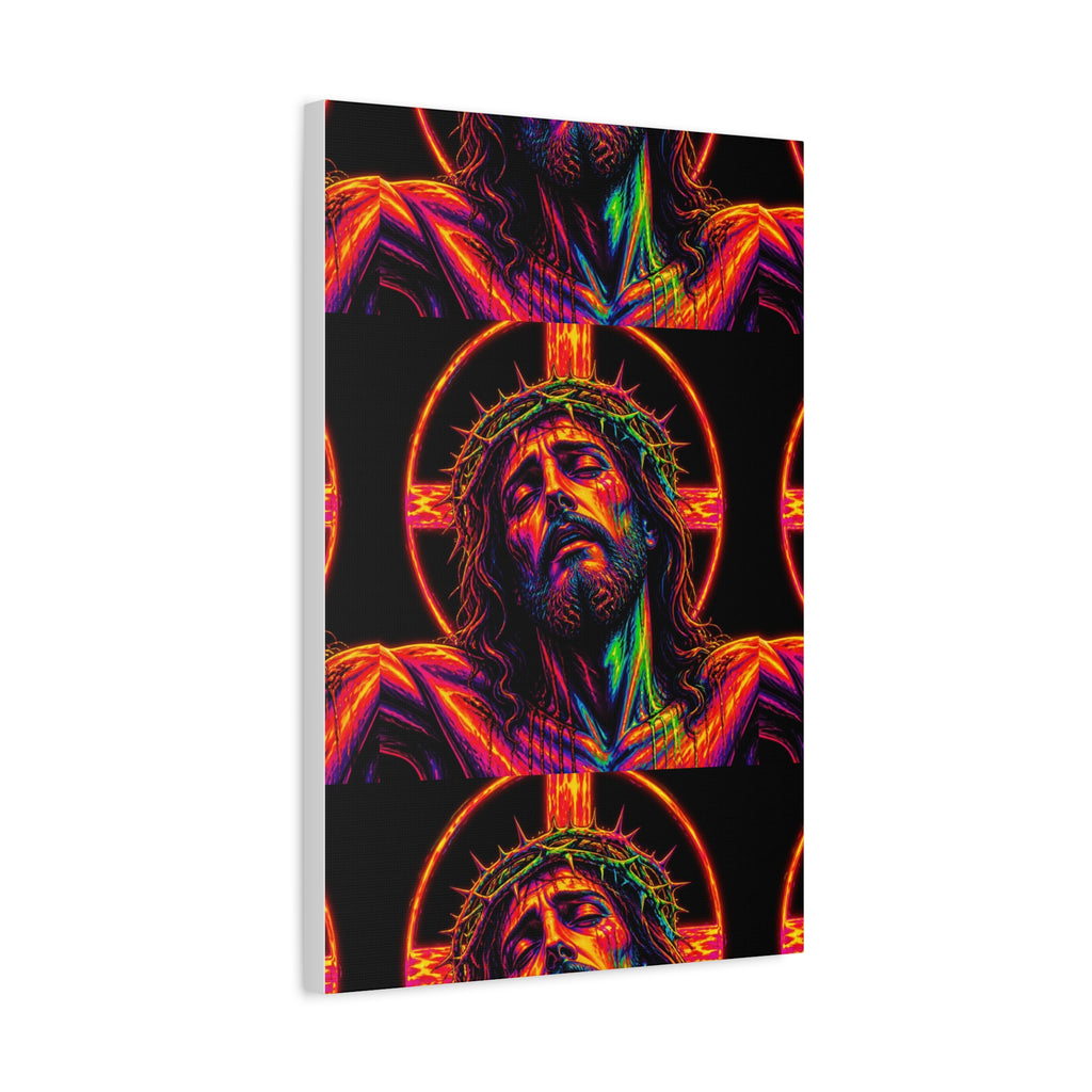 Neon Christ Crucifix Canvas Print — Vibrant Religious Wall Art