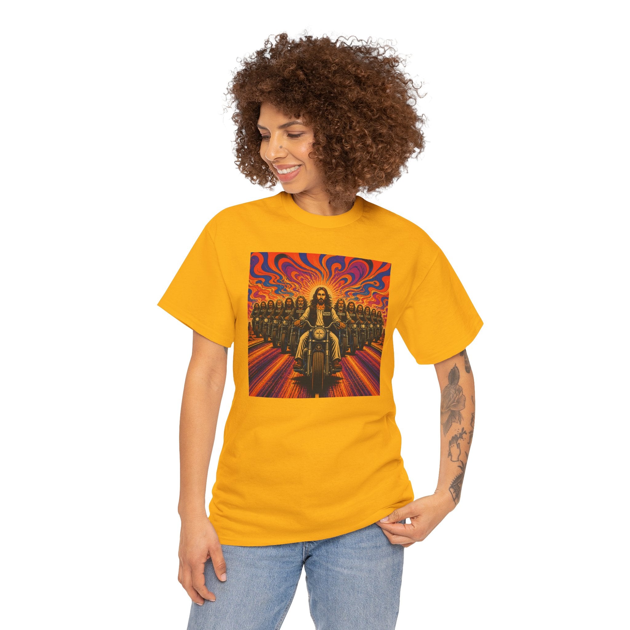 Psychedelic Yashua/Jesus Biker Crew T-Shirt — Retro Jesus Motorcycle Rider Graphic Tee