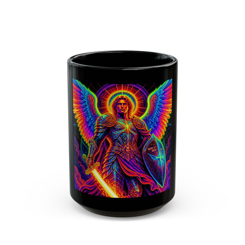 Angel Warrior Black Mug — Neon Archangel Coffee Cup (11oz/15oz)
