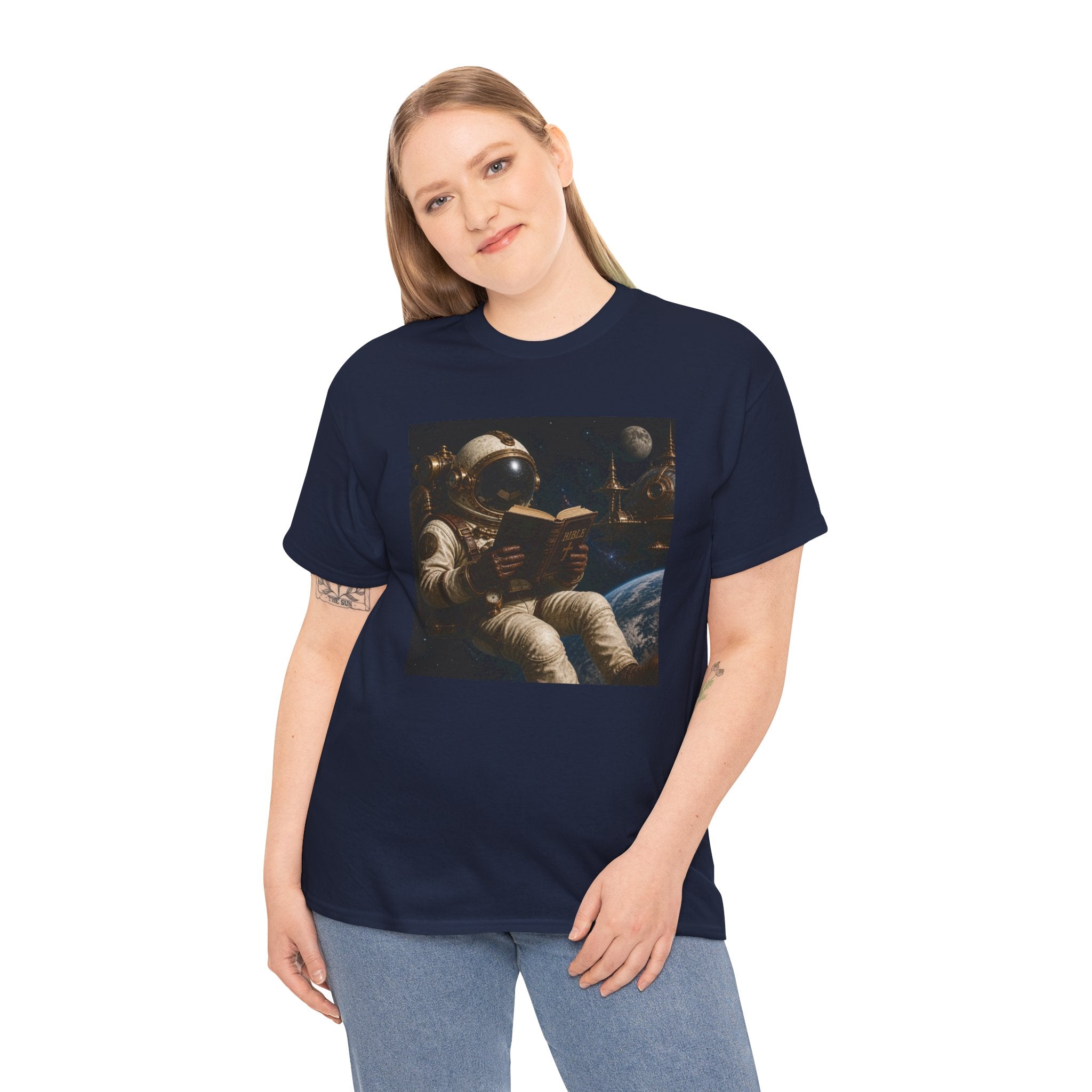 Astronaut Reading Graphic Tee — Spacebook Retro Sci‑Fi T-Shirt - Steampunk