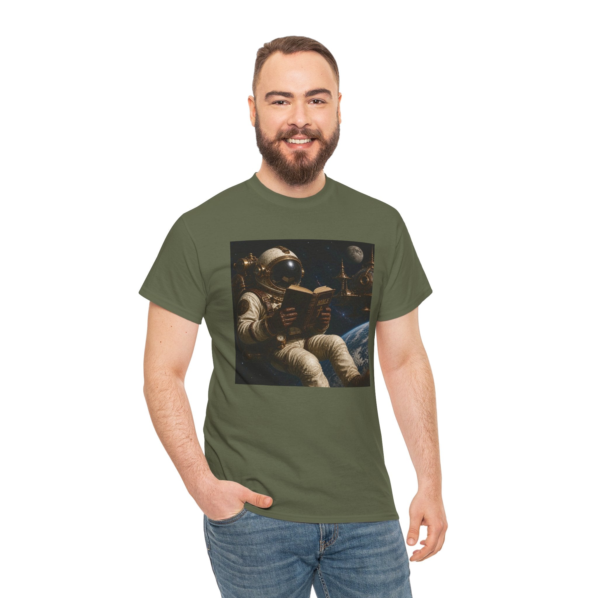 Astronaut Reading Graphic Tee — Spacebook Retro Sci‑Fi T-Shirt - Steampunk
