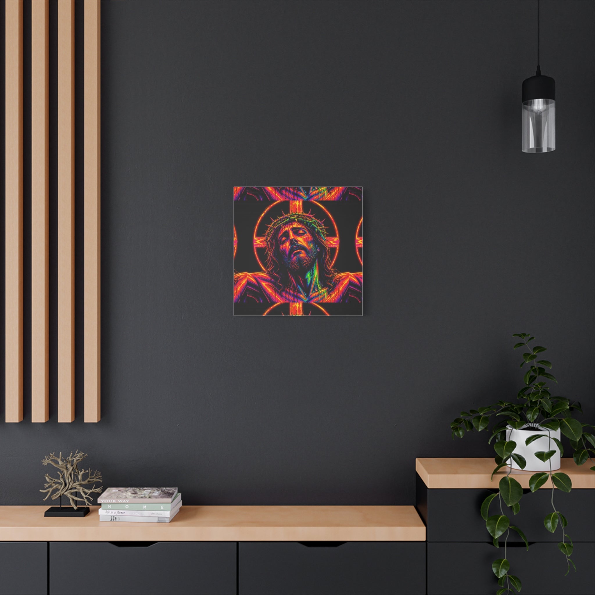 Neon Christ Crucifix Canvas Print — Vibrant Religious Wall Art