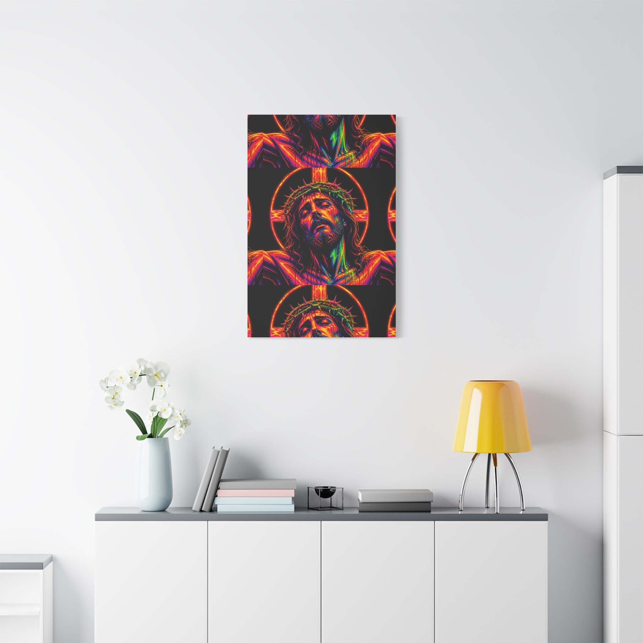 Neon Christ Crucifix Canvas Print — Vibrant Religious Wall Art