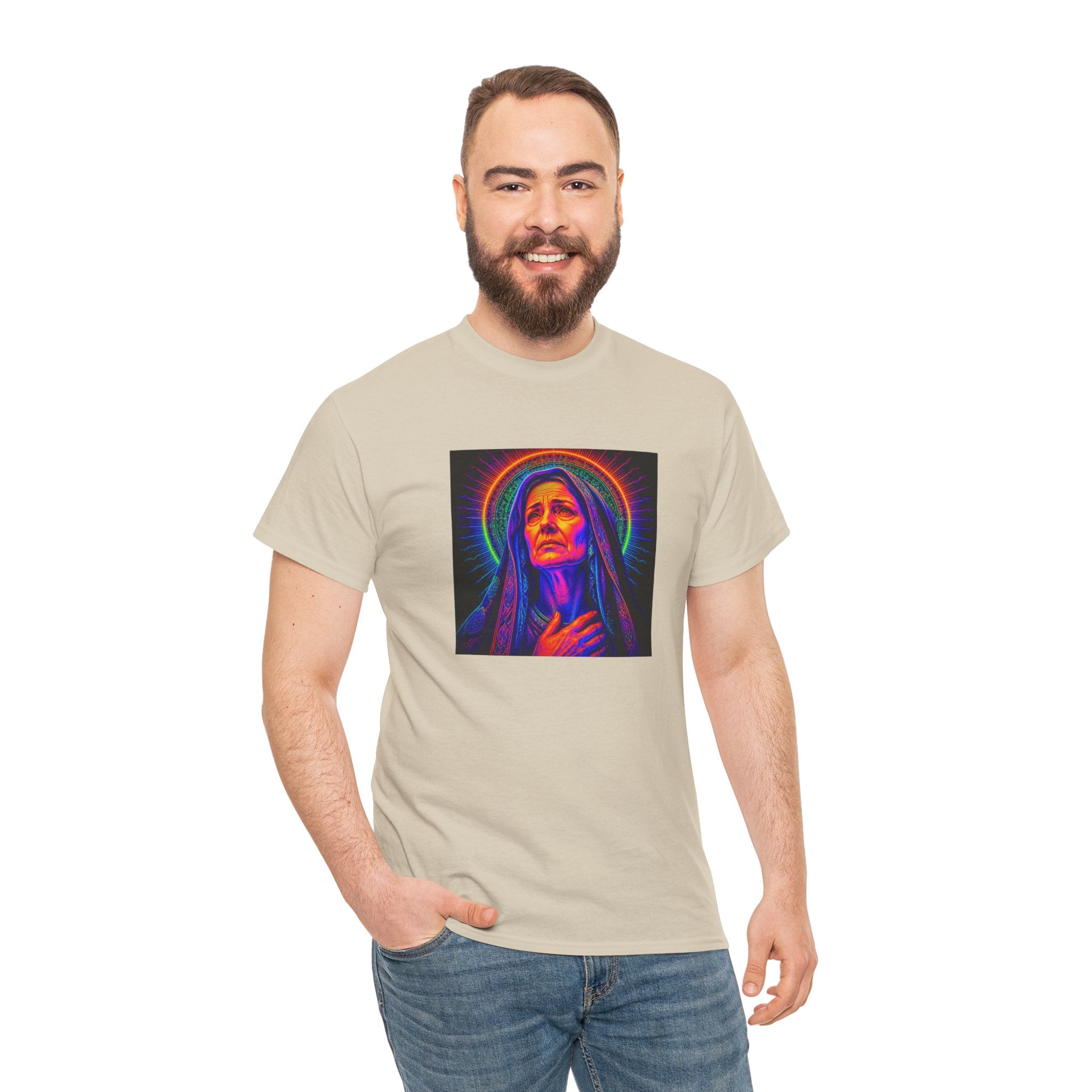 T-Shirt — Neon Madonna Portrait Graphic Tee Mother of Christ