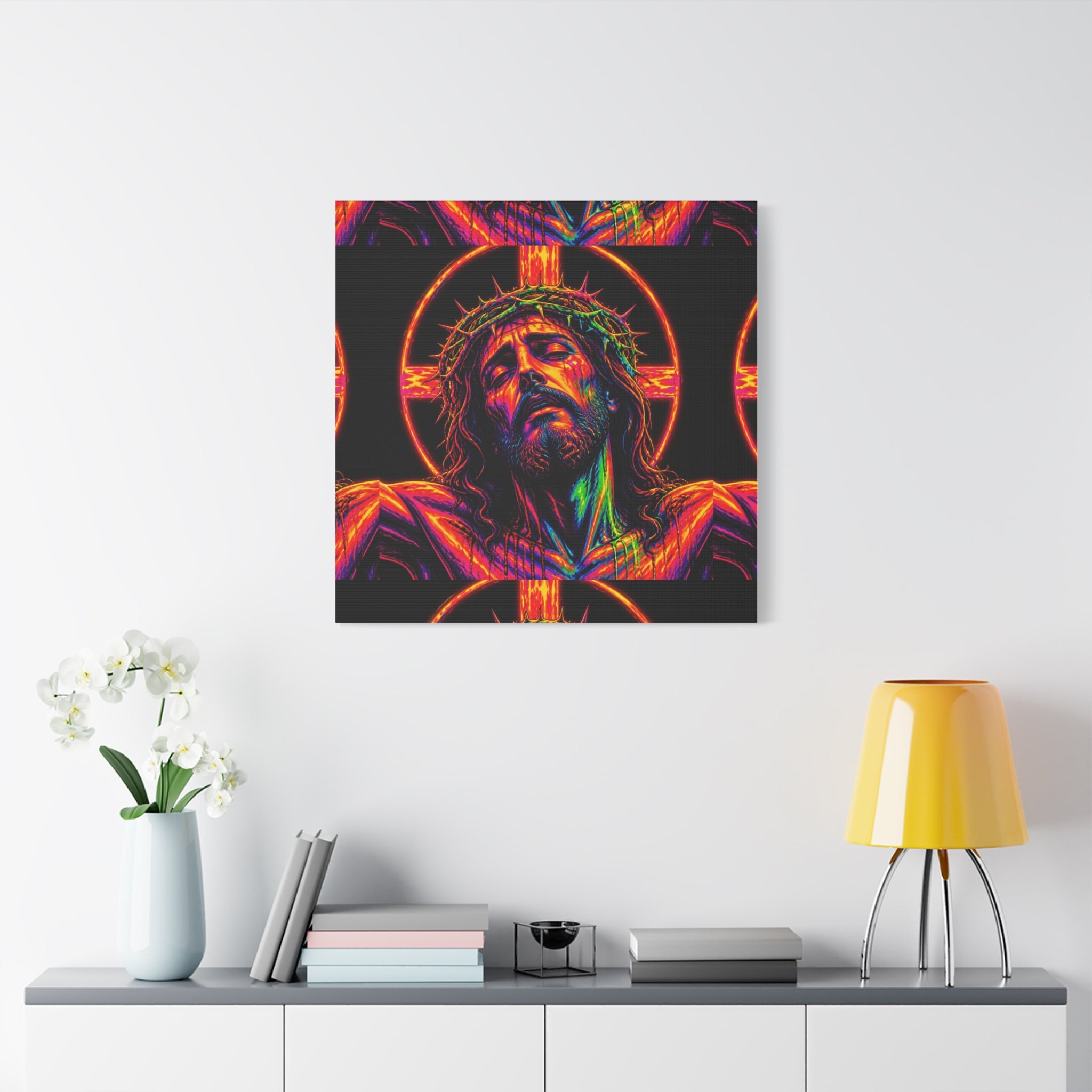 Neon Christ Crucifix Canvas Print — Vibrant Religious Wall Art