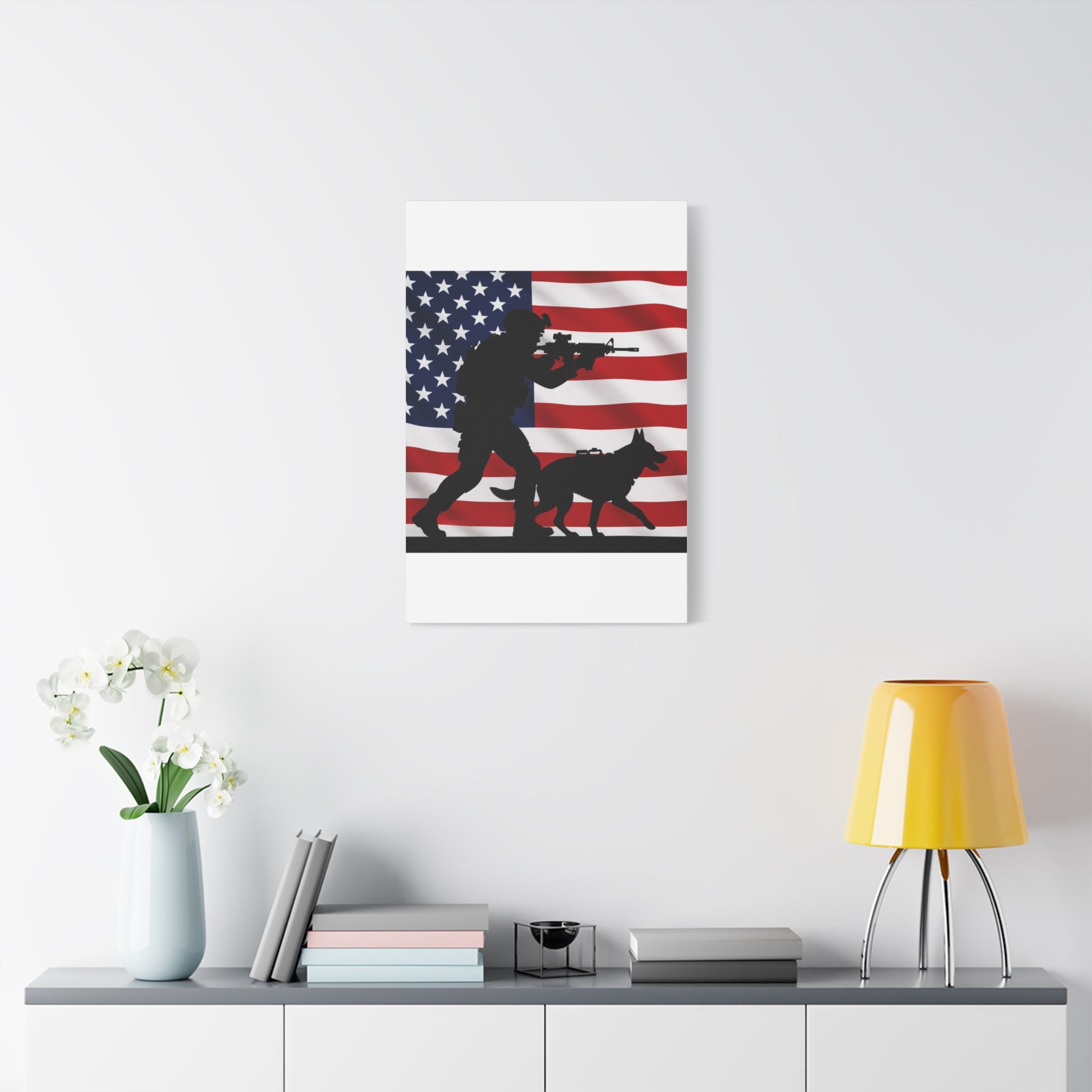 Patriotic Military K9 Canvas Wall Art — Soldier and Dog Silhouette with American Flag