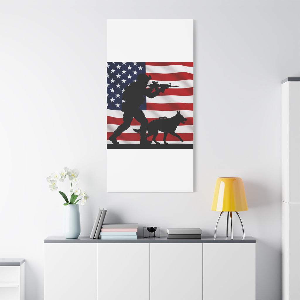 Patriotic Military K9 Canvas Wall Art — Soldier and Dog Silhouette with American Flag