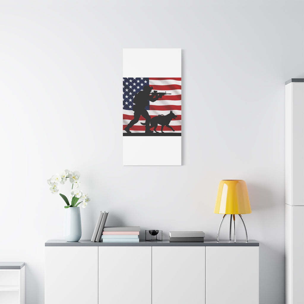 Patriotic Military K9 Canvas Wall Art — Soldier and Dog Silhouette with American Flag