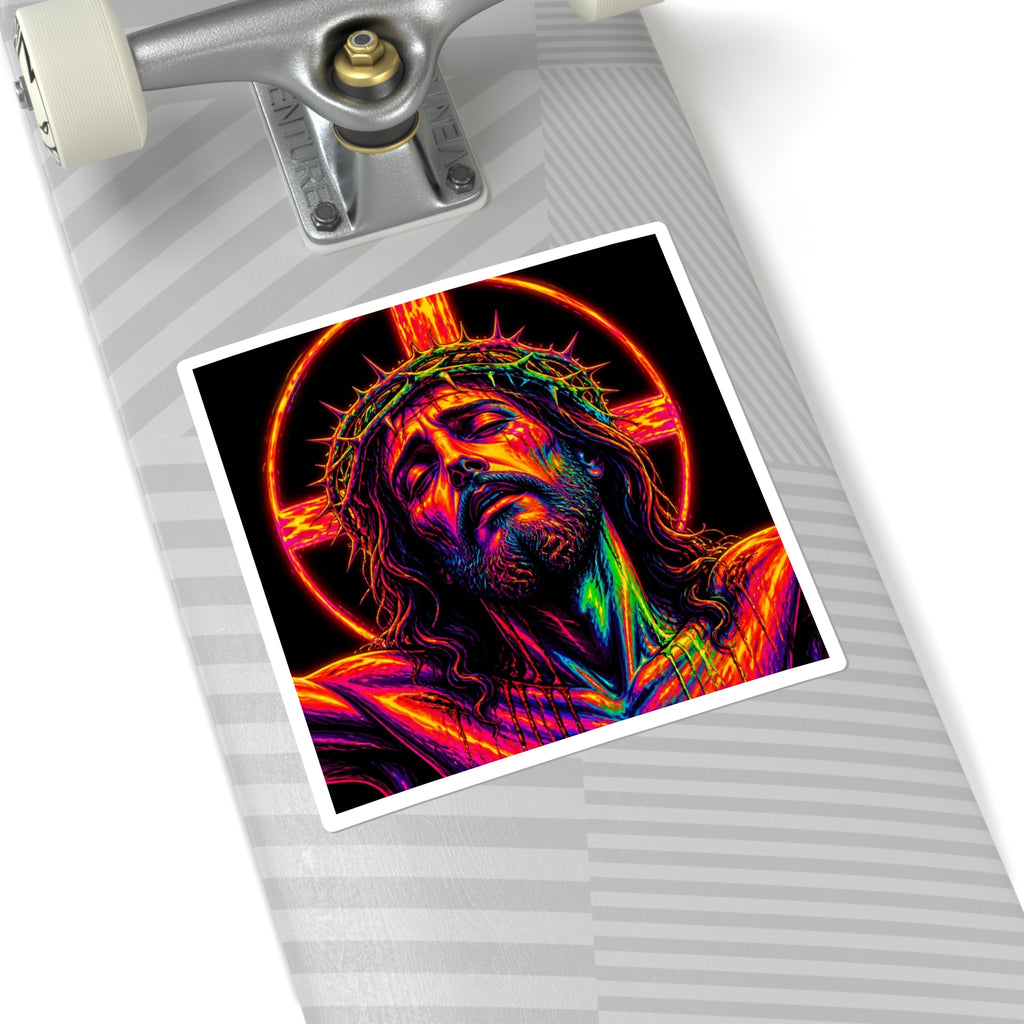 Neon Jesus Square Sticker — Vibrant Crucifixion Art Sticker