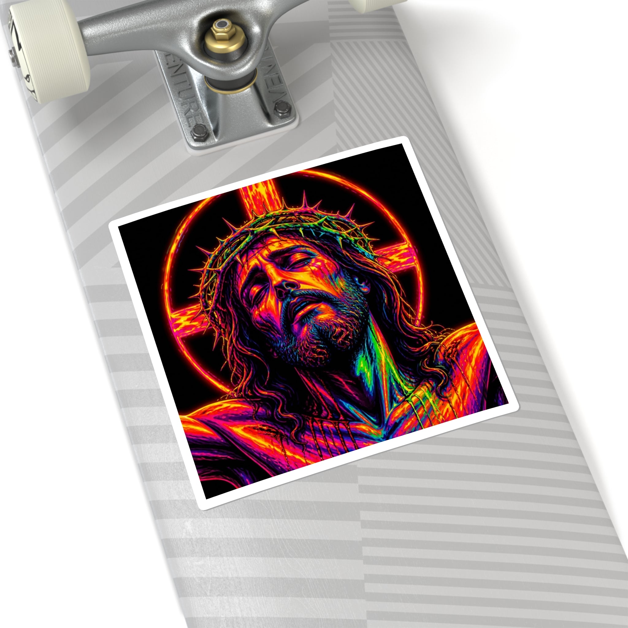 Neon Jesus Square Sticker — Vibrant Crucifixion Art Sticker