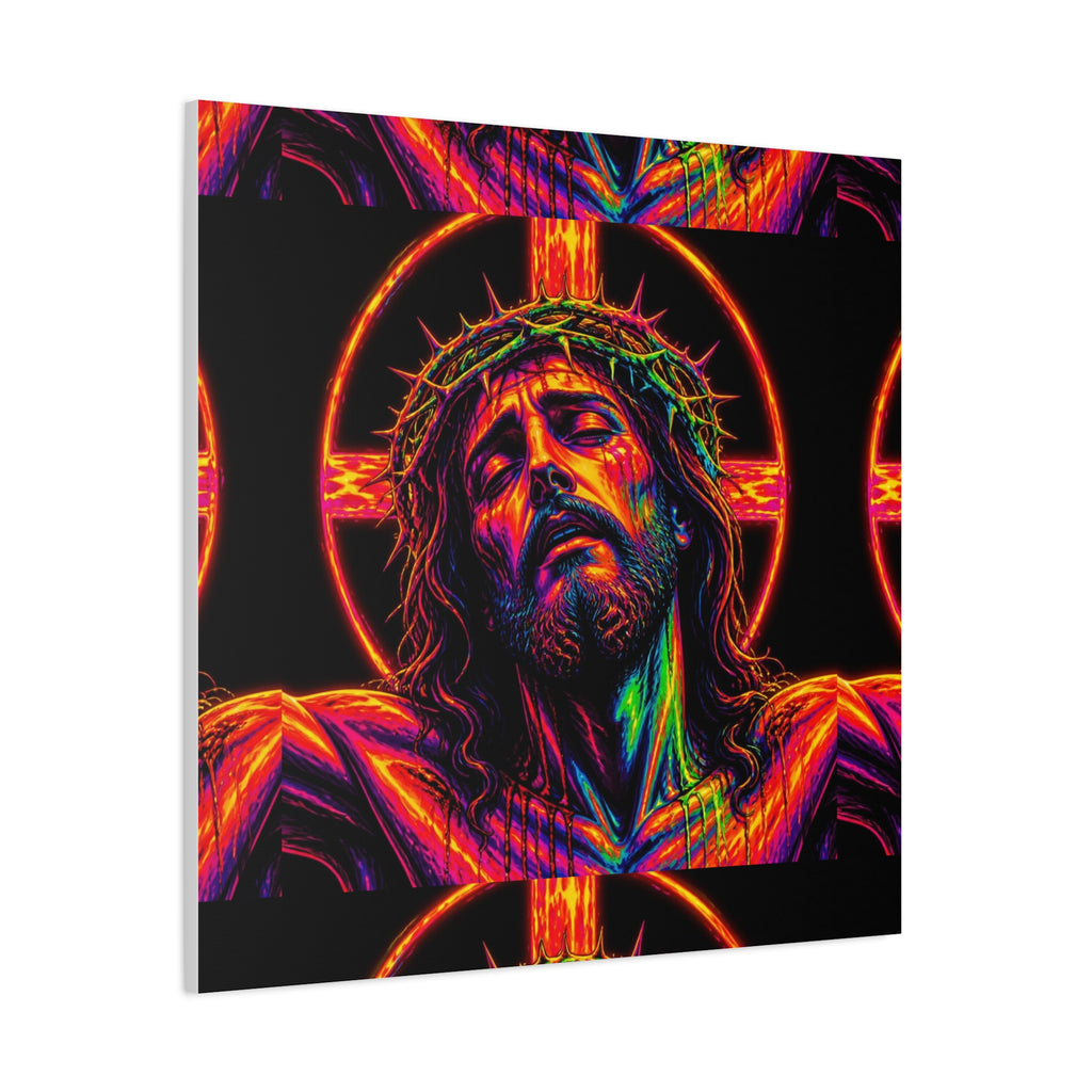 Neon Christ Crucifix Canvas Print — Vibrant Religious Wall Art