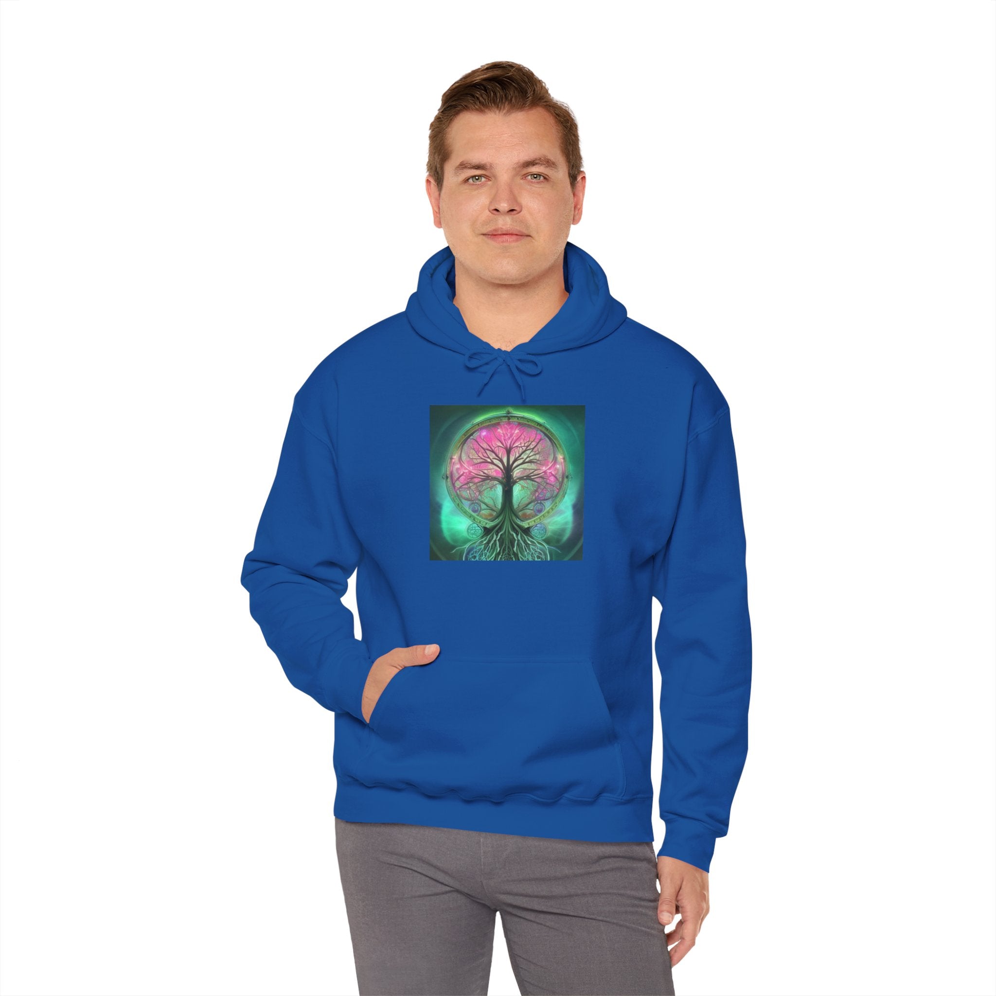 Tree of Life Hoodie — Vibrant Pink & Teal Spiritual Graphic Hooded Sweatshirt