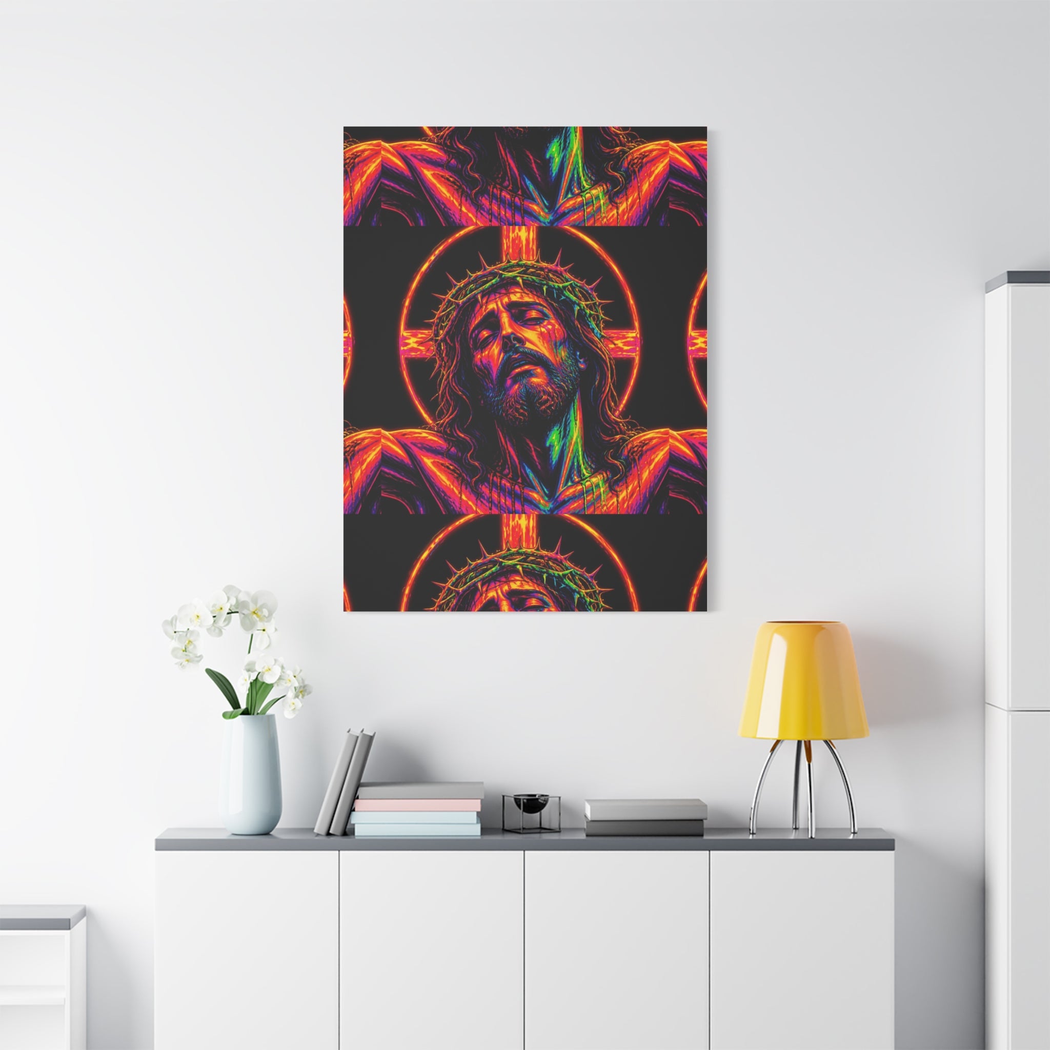 Neon Christ Crucifix Canvas Print — Vibrant Religious Wall Art