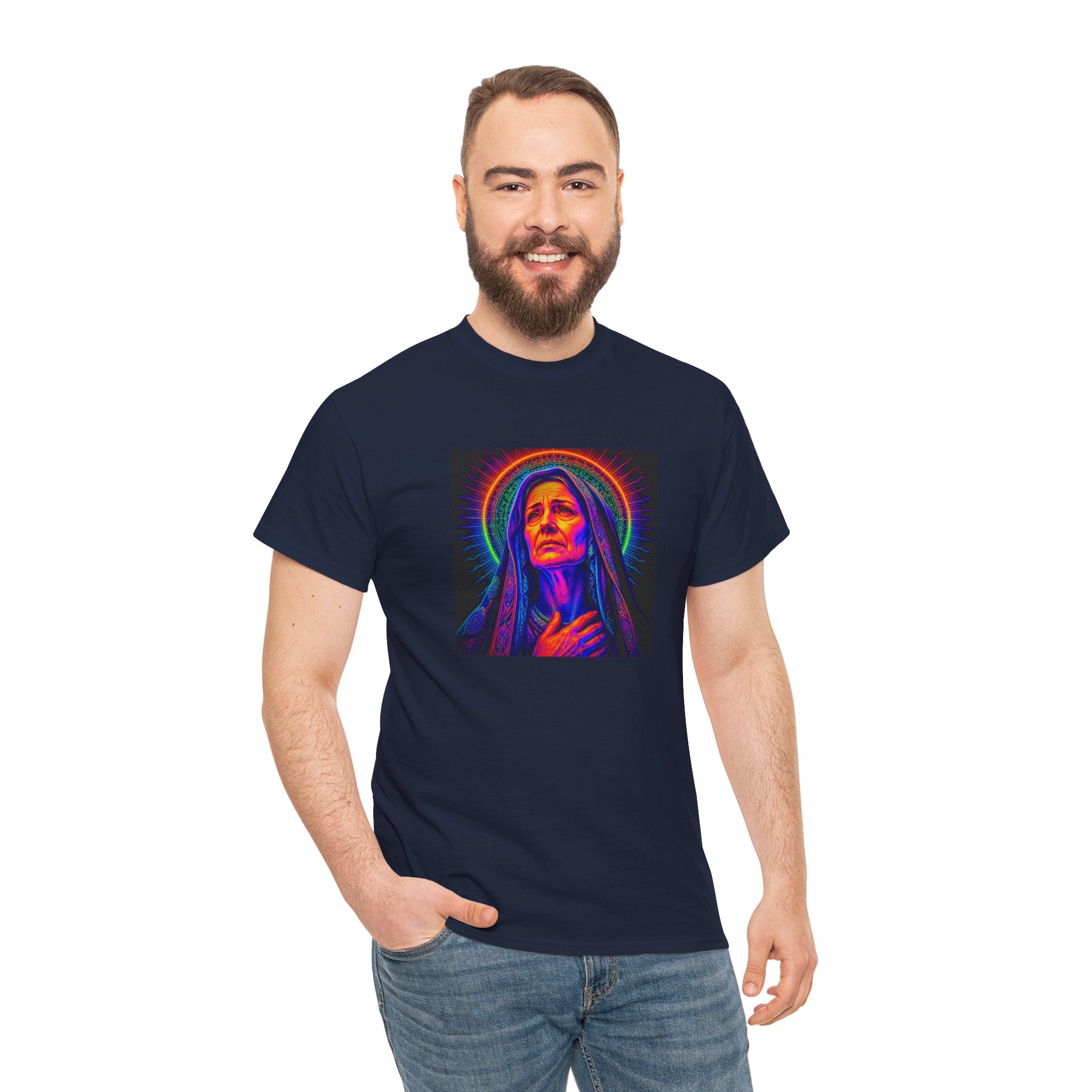 T-Shirt — Neon Madonna Portrait Graphic Tee Mother of Christ