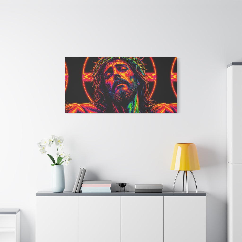 Neon Christ Crucifix Canvas Print — Vibrant Religious Wall Art