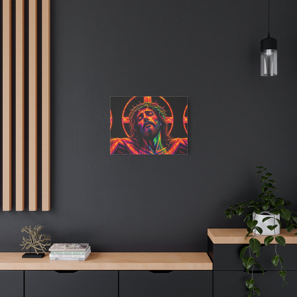Neon Christ Crucifix Canvas Print — Vibrant Religious Wall Art