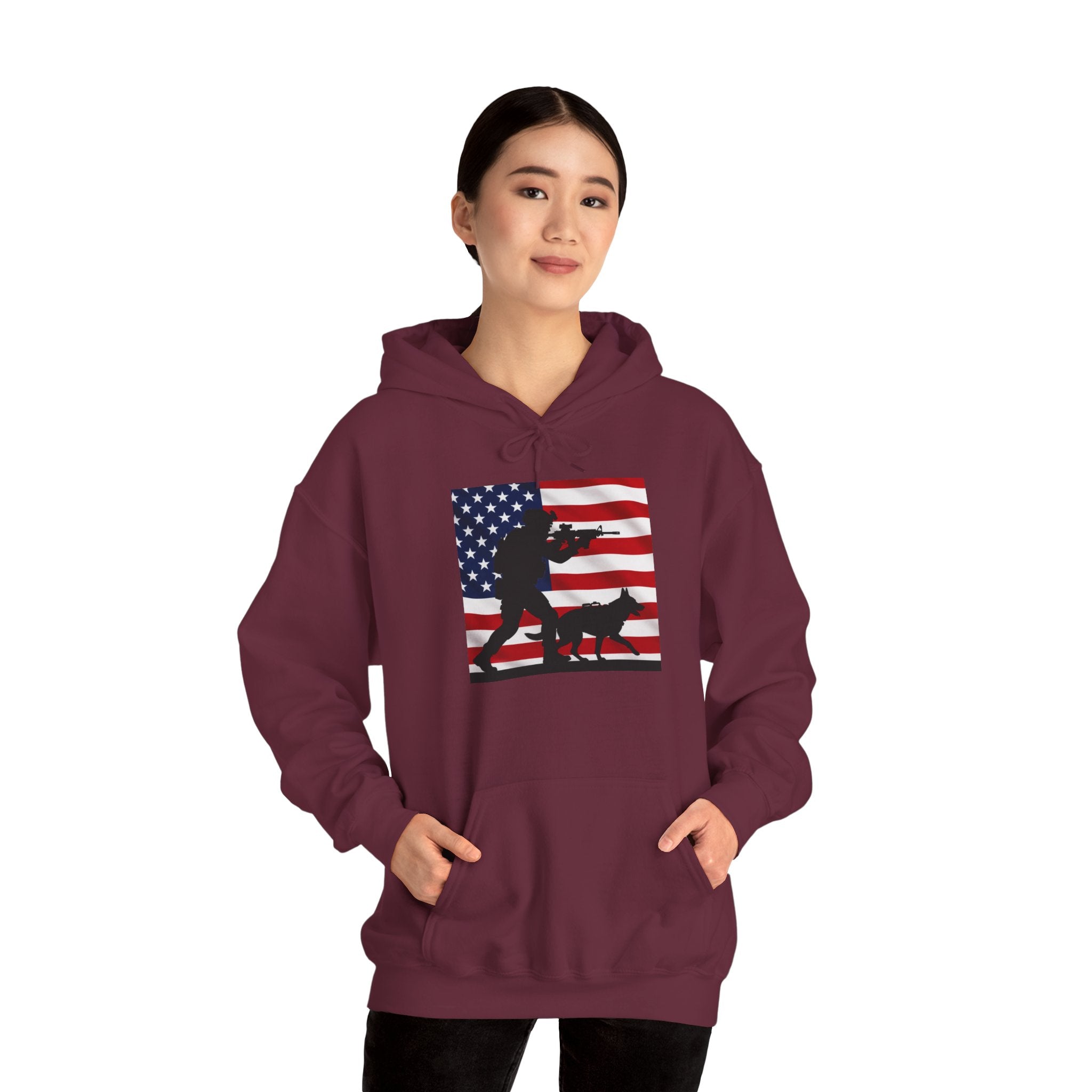 American K9 Handler Hoodie — US Flag Dog Silhouette Patriotic Sweatshirt
