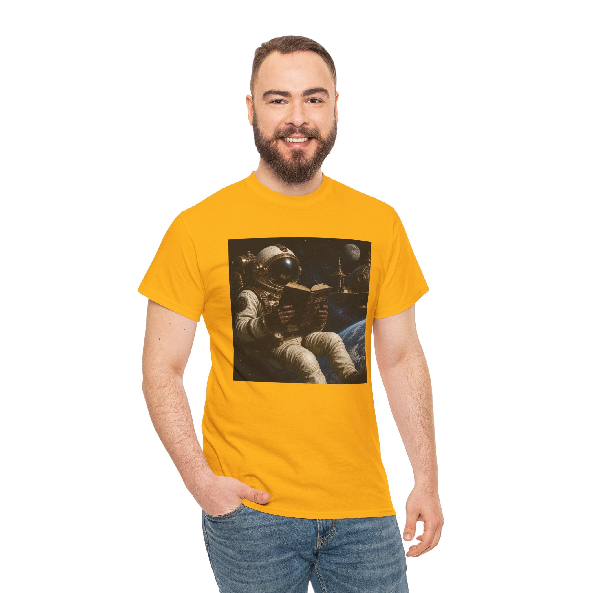 Astronaut Reading Graphic Tee — Spacebook Retro Sci‑Fi T-Shirt - Steampunk