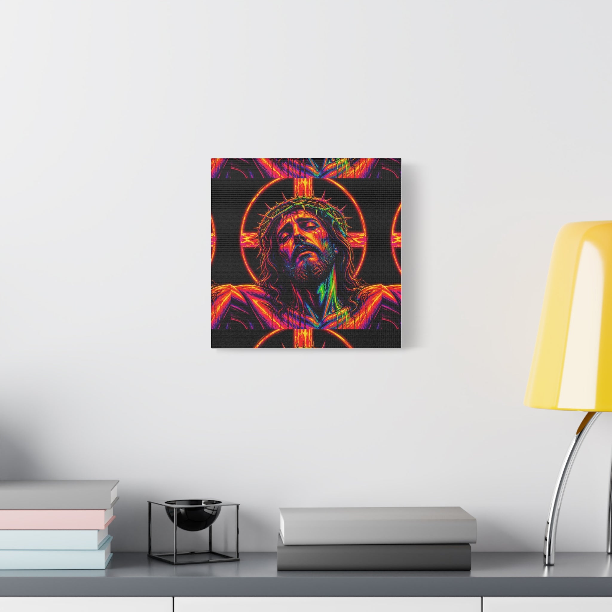Neon Christ Crucifix Canvas Print — Vibrant Religious Wall Art