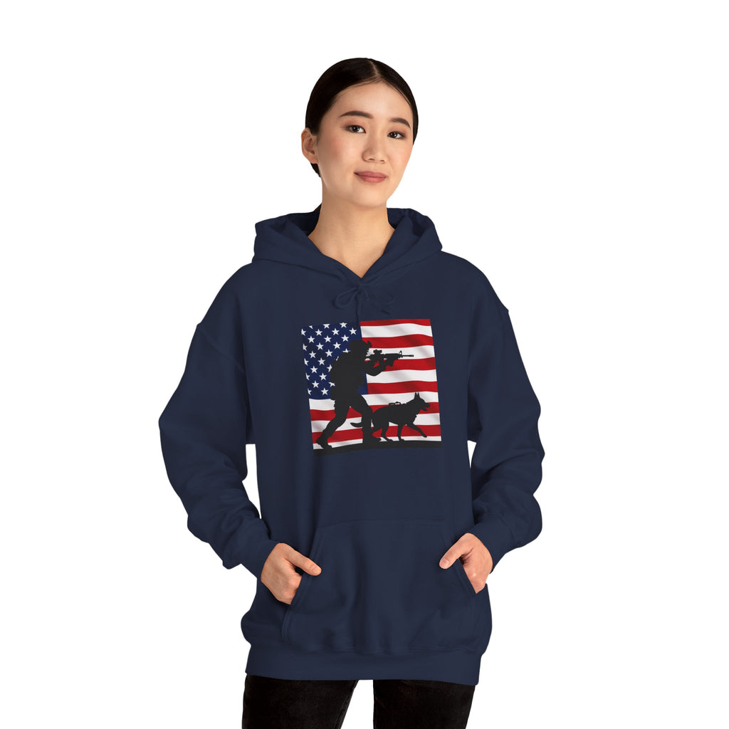 American K9 Handler Hoodie — US Flag Dog Silhouette Patriotic Sweatshirt