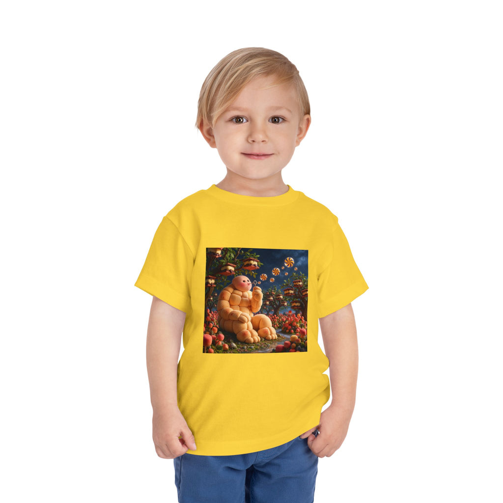 Toddler Tee — Cute Chubby Creature in Flower Garden Kids Shirt-Marshmallow Man
