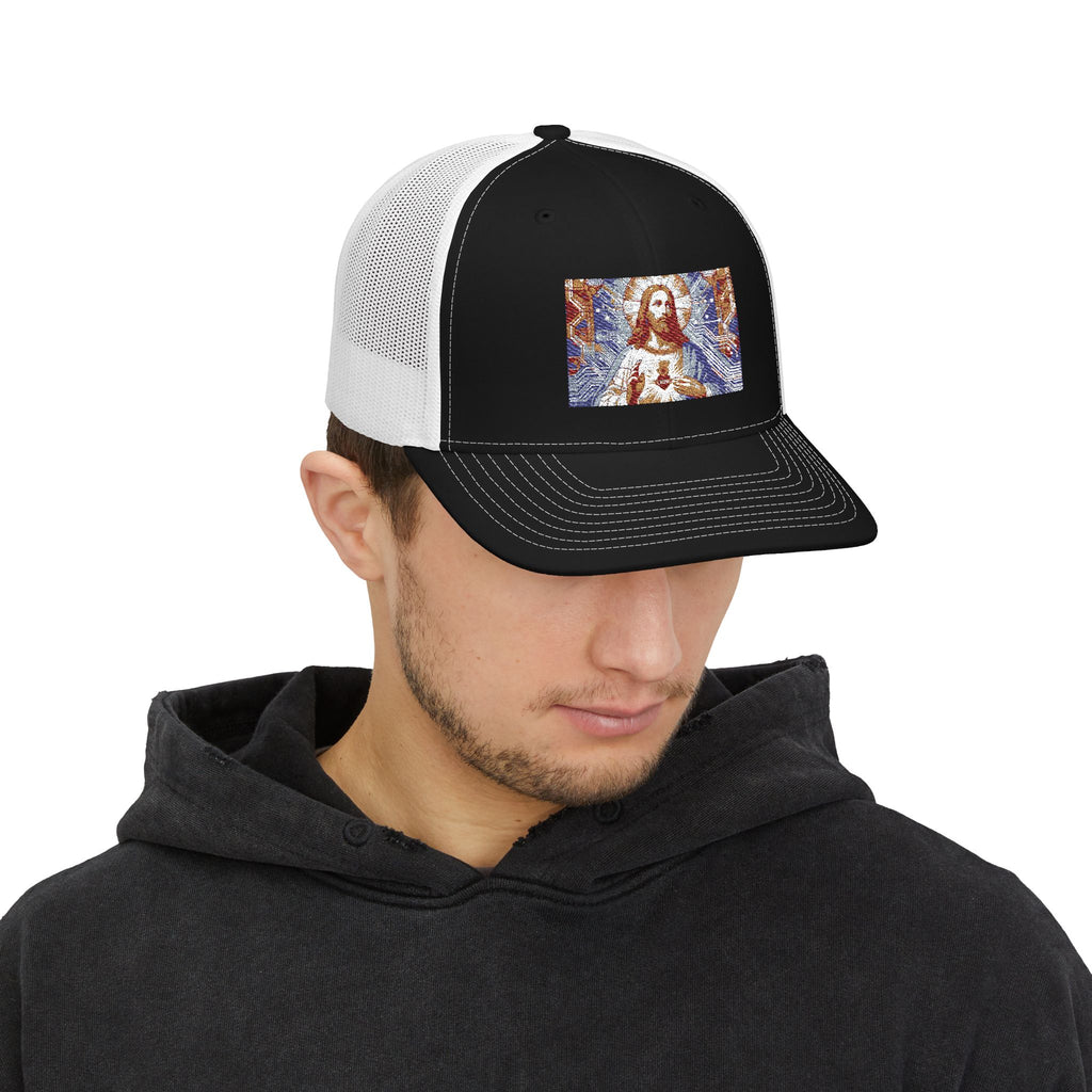 Religious Trucker Cap — Mosaic Sacred Heart Patch Snapback