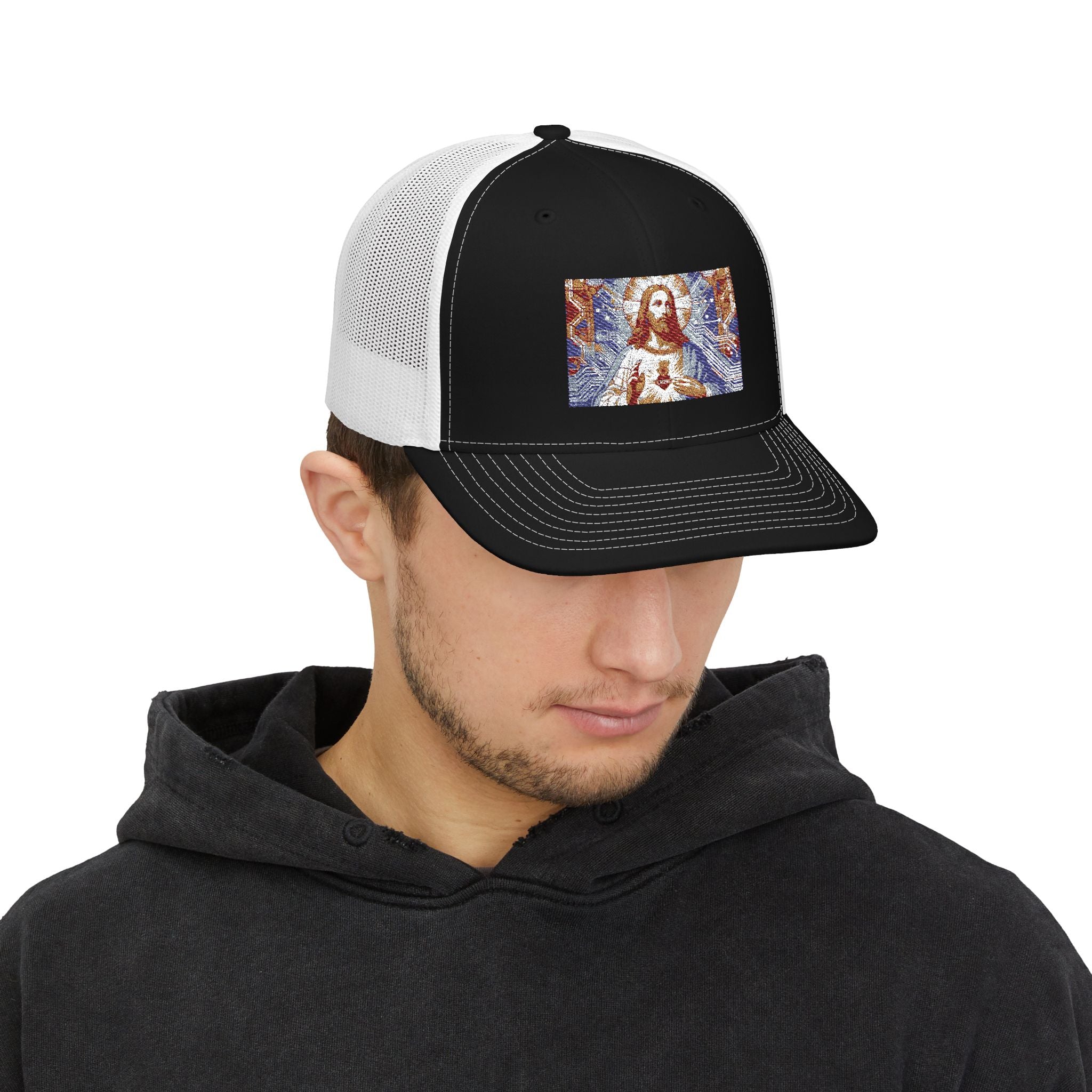 Religious Trucker Cap — Mosaic Sacred Heart Patch Snapback