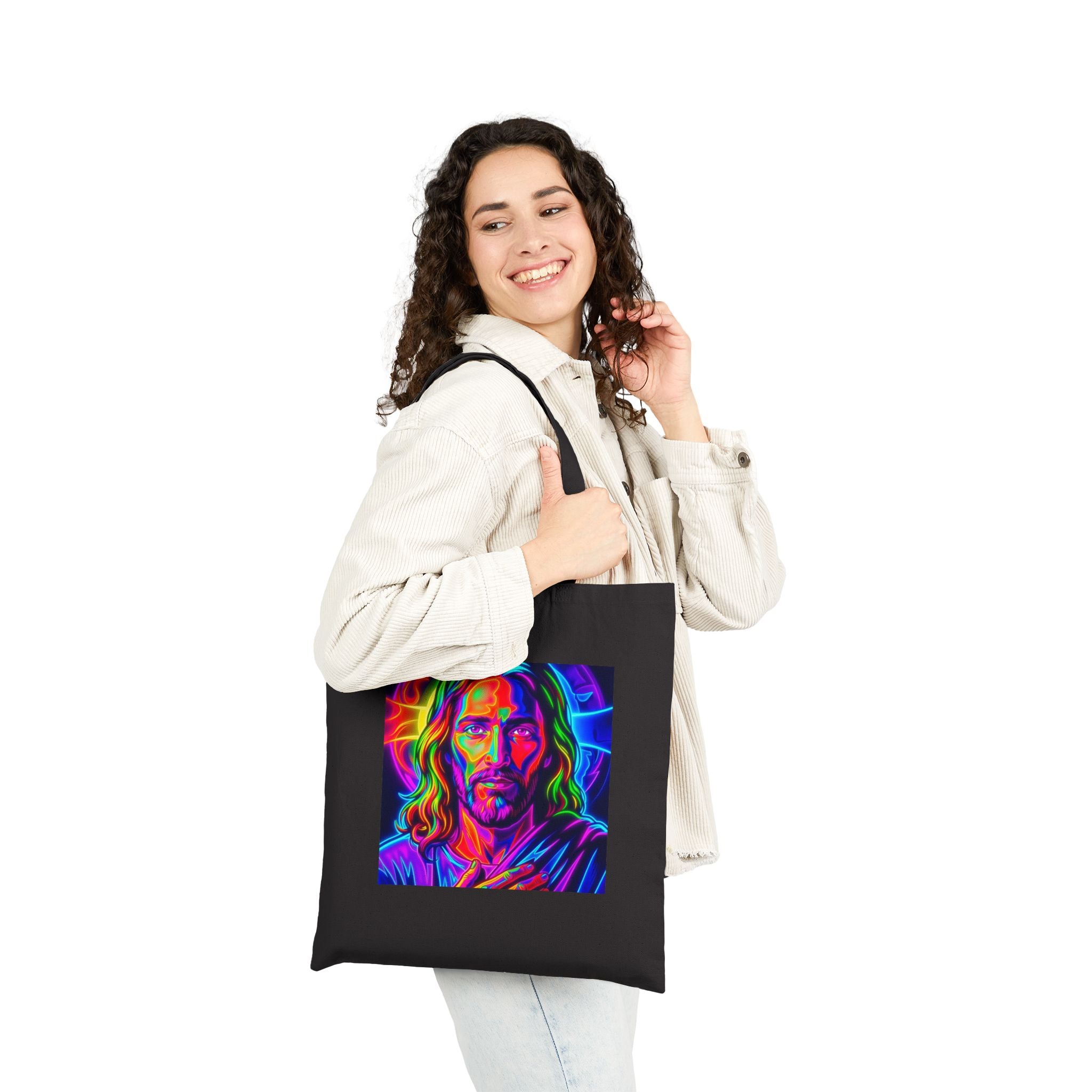 Canvas Tote Bag — Vibrant Neon Jesus Portrait Eco Shopper