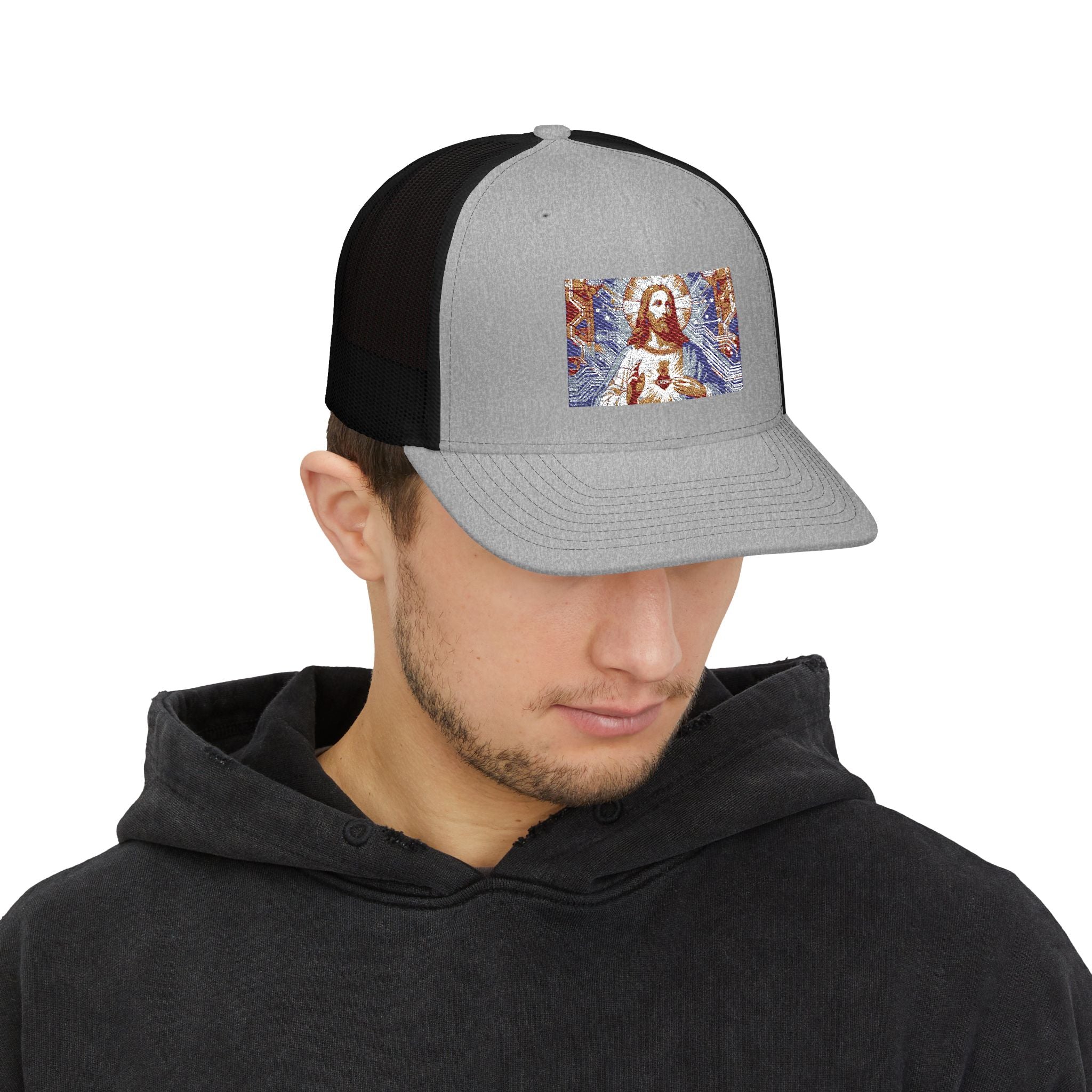 Religious Trucker Cap — Mosaic Sacred Heart Patch Snapback