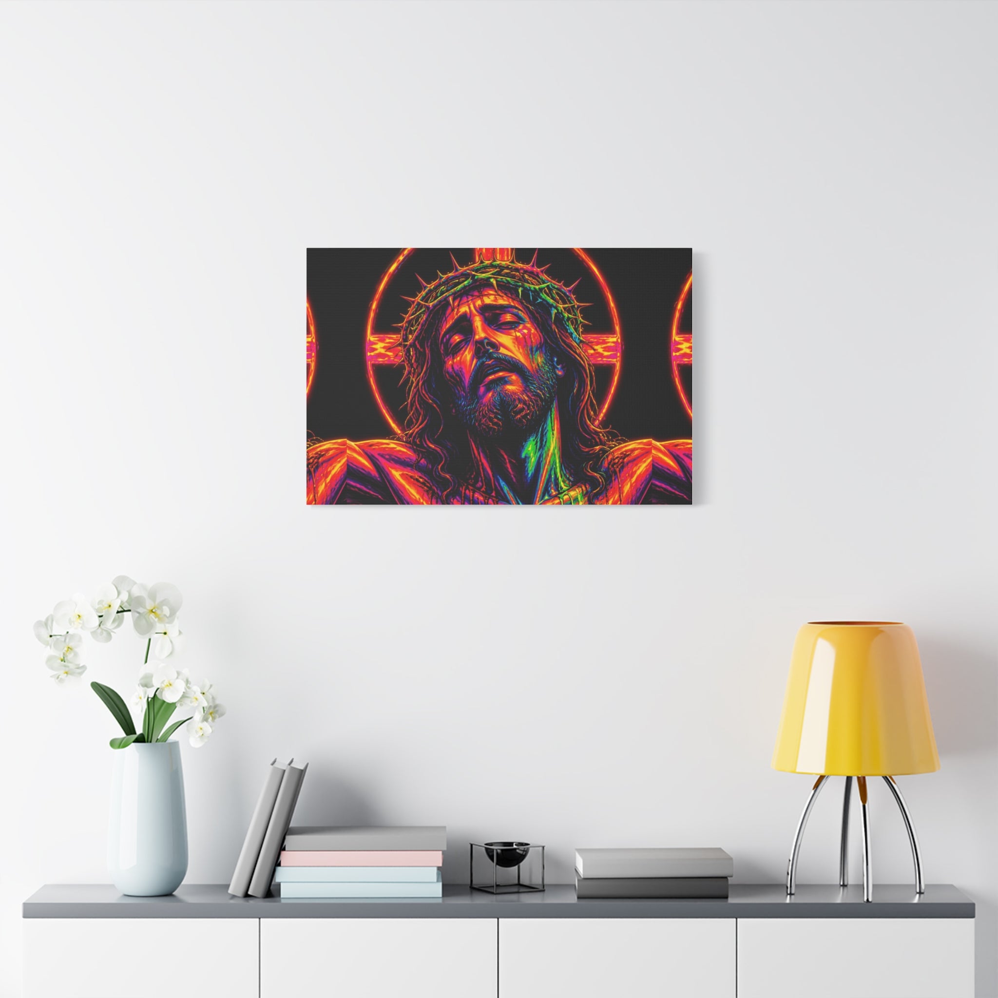 Neon Christ Crucifix Canvas Print — Vibrant Religious Wall Art