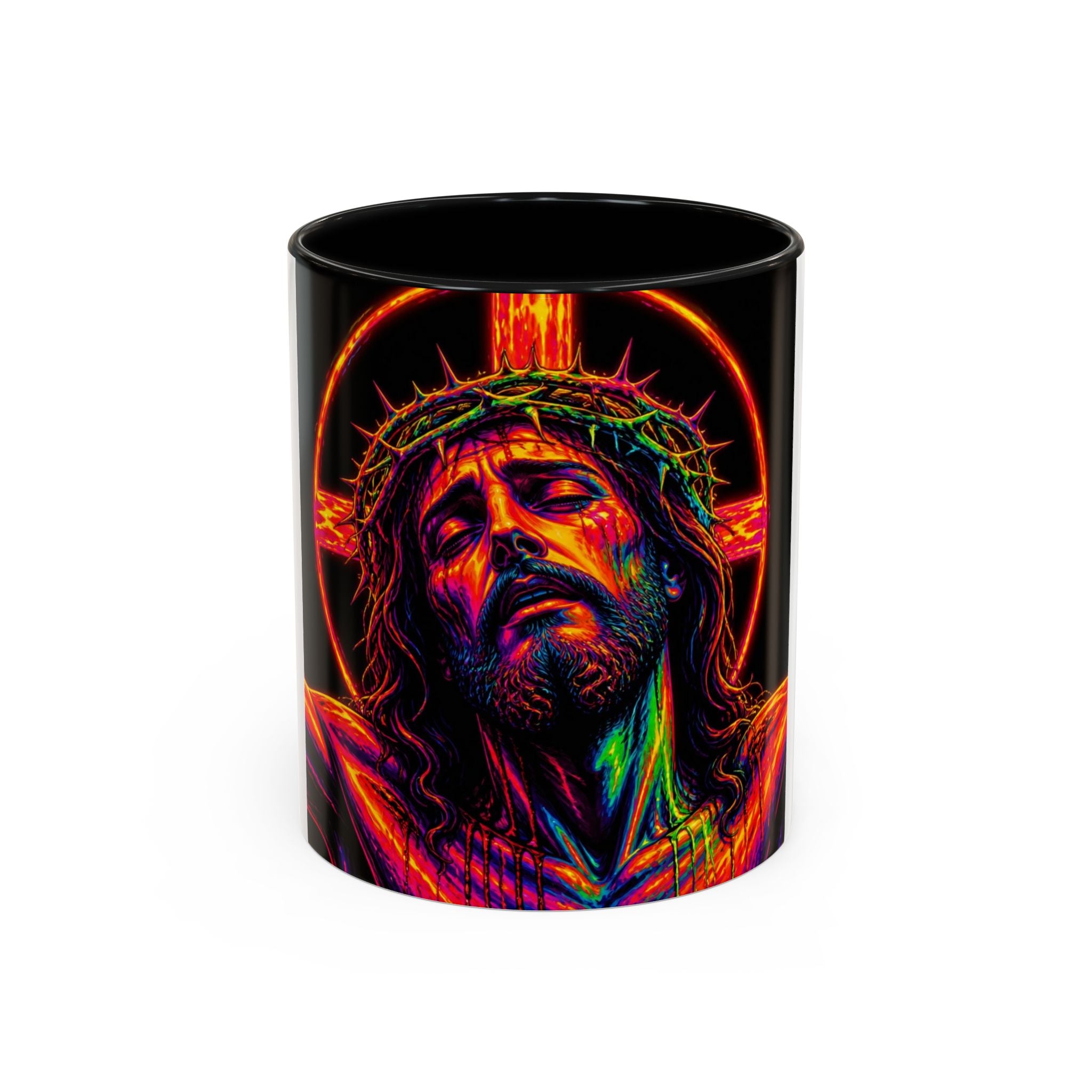 Jesus Christ Neon Portrait Coffee Mug — Colorful Crucifixion Accent Mug (11/15oz)