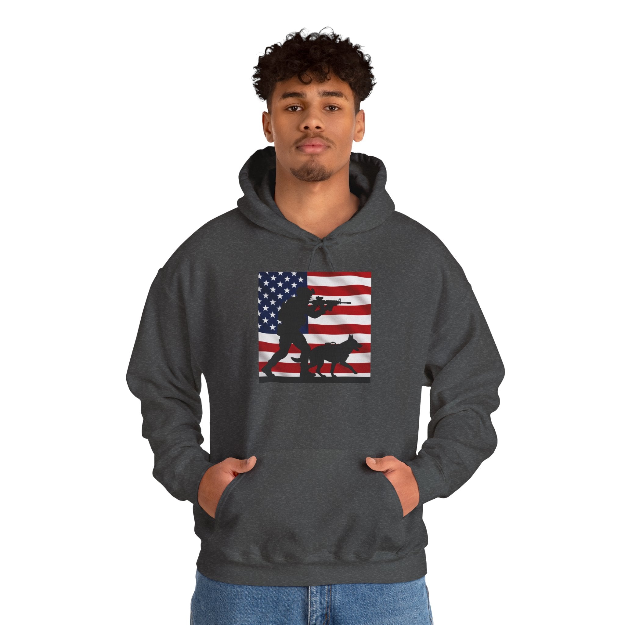 American K9 Handler Hoodie — US Flag Dog Silhouette Patriotic Sweatshirt