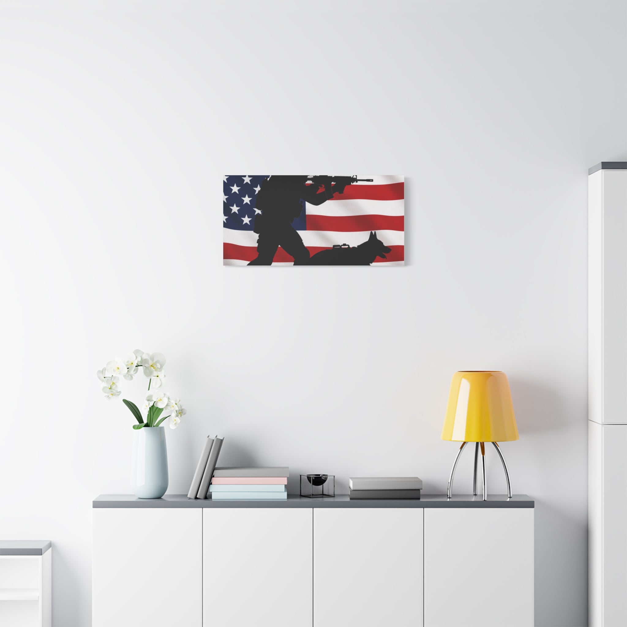 Patriotic Military K9 Canvas Wall Art — Soldier and Dog Silhouette with American Flag