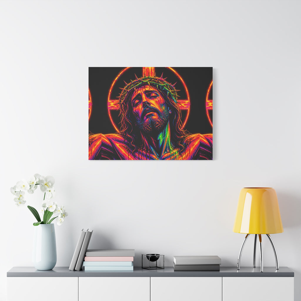 Neon Christ Crucifix Canvas Print — Vibrant Religious Wall Art