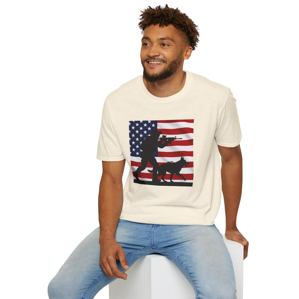 Patriotic K9 Handler T-Shirt — American Flag Soldier with Dog Graphic