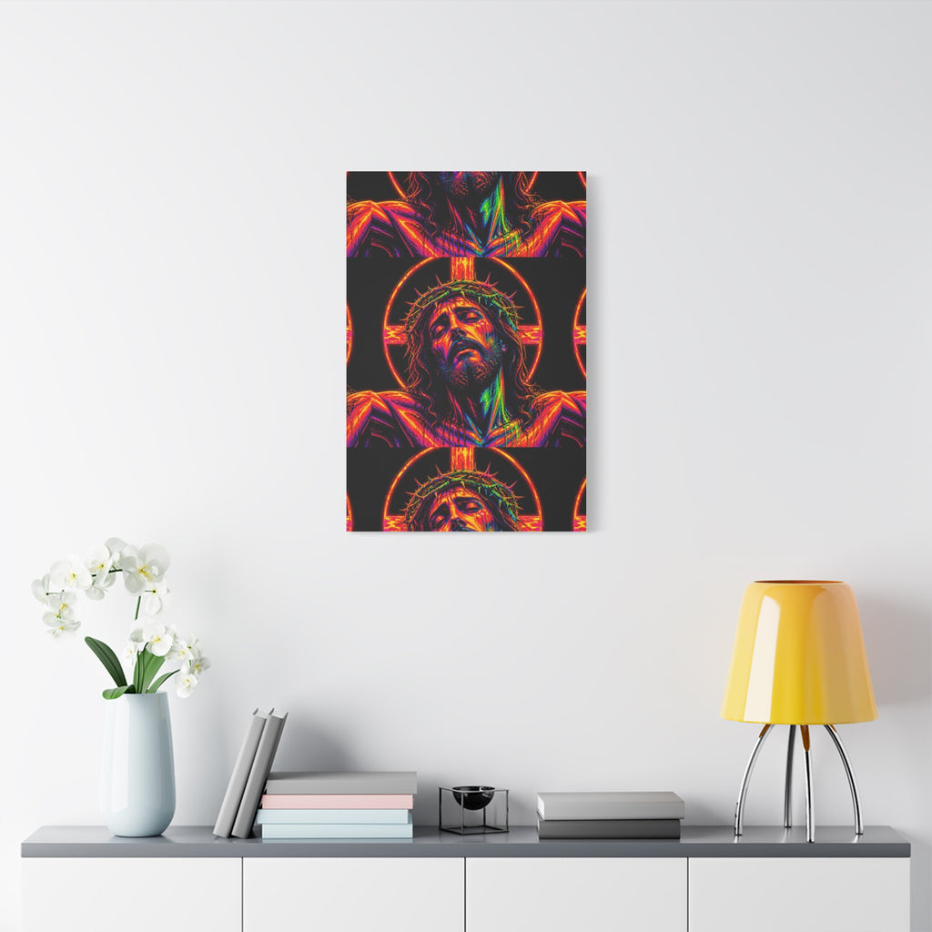 Neon Christ Crucifix Canvas Print — Vibrant Religious Wall Art