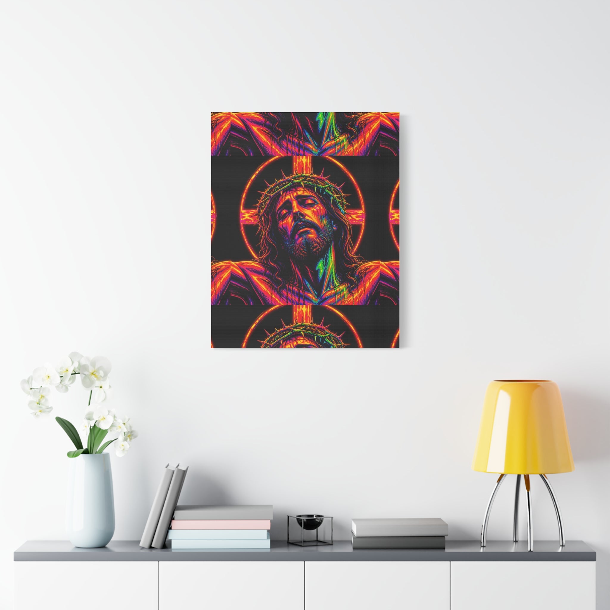 Neon Christ Crucifix Canvas Print — Vibrant Religious Wall Art