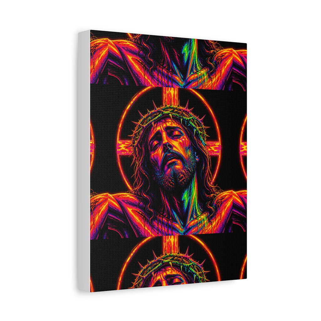 Neon Christ Crucifix Canvas Print — Vibrant Religious Wall Art