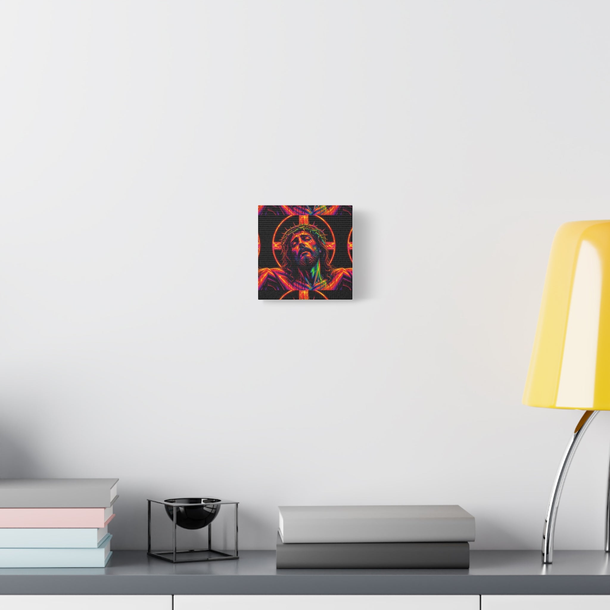 Neon Christ Crucifix Canvas Print — Vibrant Religious Wall Art