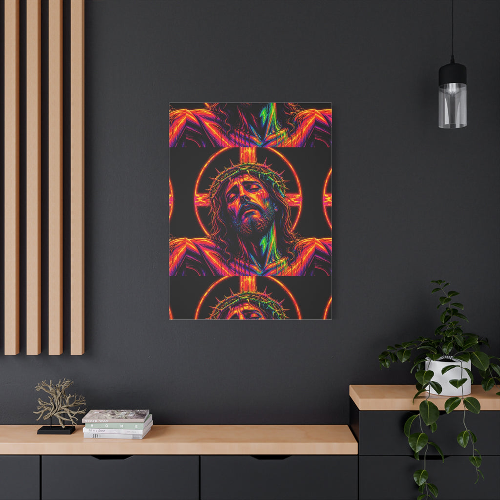 Neon Christ Crucifix Canvas Print — Vibrant Religious Wall Art