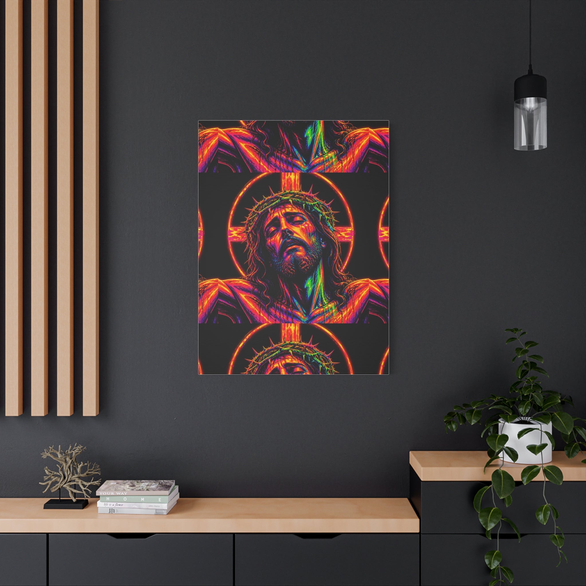 Neon Christ Crucifix Canvas Print — Vibrant Religious Wall Art