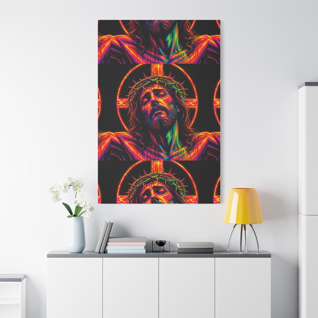 Neon Christ Crucifix Canvas Print — Vibrant Religious Wall Art