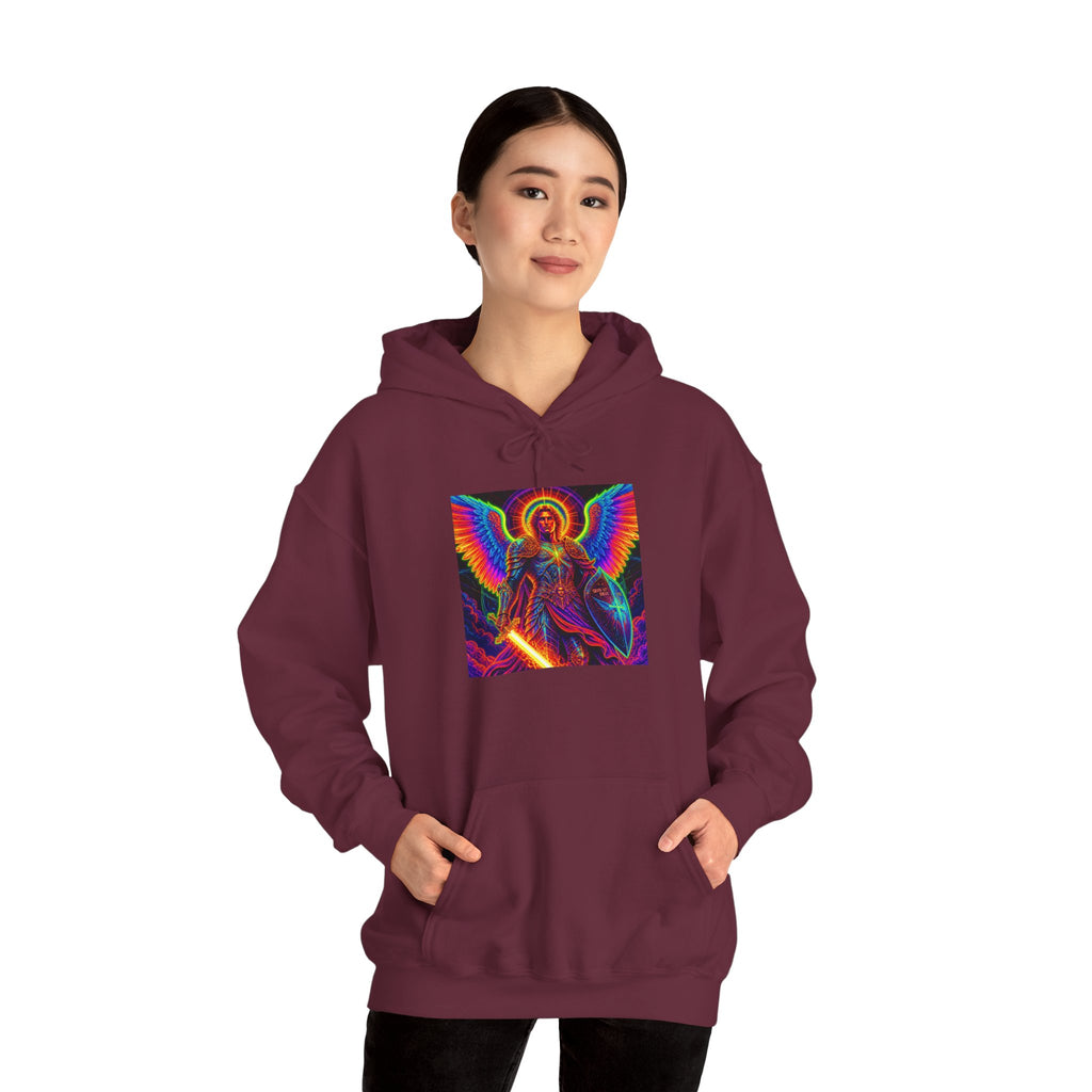 Psychedelic Angel Hoodie — Neon Rainbow Guardian Graphic Sweatshirt
